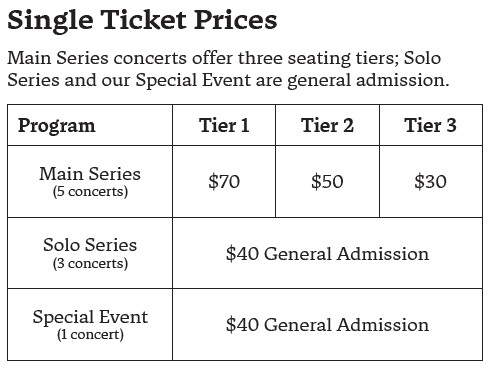 Pricing ranges from $30 to $70 for Main Series events at St James and St Brigid and $40 for Solo Series
